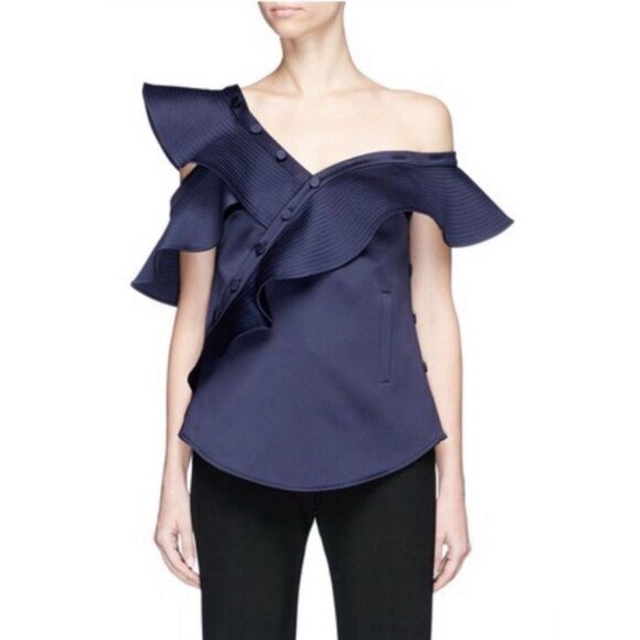 Self-Portrait Satin Off The Shoulder Ruffle Blouse in Navy, size 2 - Picture 1 of 8